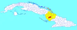Jimaguayú municipality (red) within Camagüey Province (yellow) and Cuba