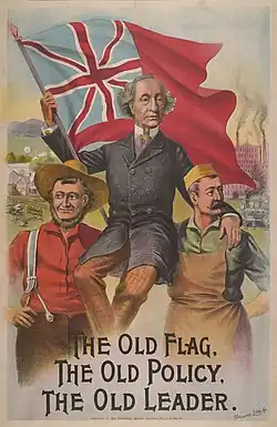 A drawing of Macdonald seated on the shoulders of a farmer and a worker. He is holding a flag. Conservative election poster from 1891
