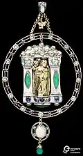 A pendant of gold and silver, set with rubies, chrysoprases, sapphires, aquamarines and opals