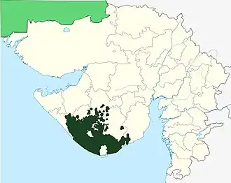 Location of the State of Junagarh, among all districts (in dark green)