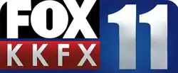 An assembly of rectangles. Top left: a white Fox logo on black. Lower left: the letters K K F X, spaced, in white on red. Right: a numeral 11 on blue.