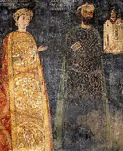 Donor portrait of the Bulgarian sebastokratōr Kaloyan and his wife Desislava, fresco from the Boyana Church (1259).