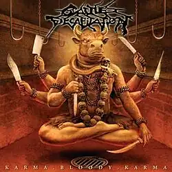 A figure resembling the Hindu deity Shiva, with a bull’s head and a necklace of skulls, holding various knives in a slaughterhouse environment