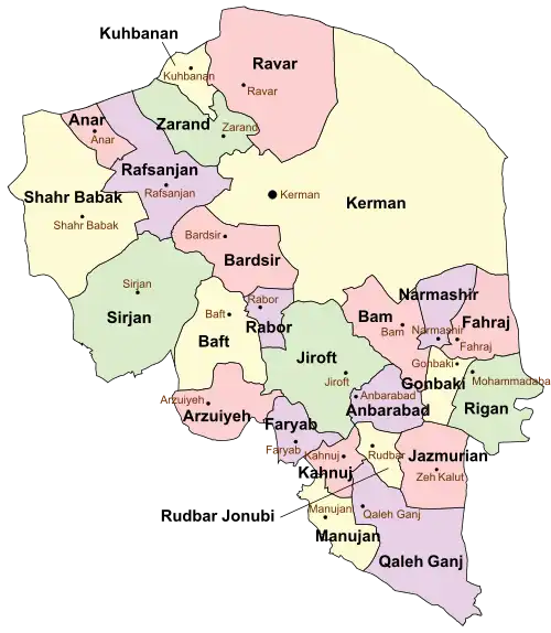 Location of Rudbar-e Jonubi County in Kerman province (bottom center, yellow)