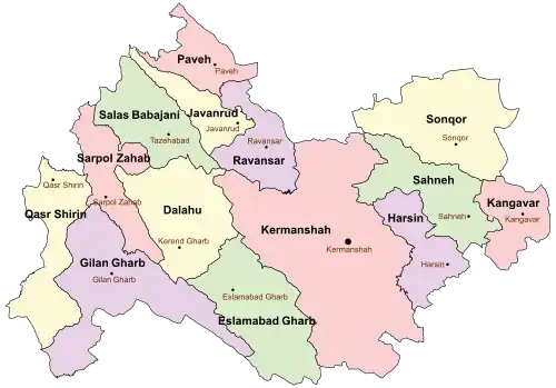 Location of Gilan-e Gharb County in Kermanshah province (left, purple)