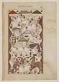Pilgrims in Mina, being shaved, making sacrifices and stoning the Devil[13]