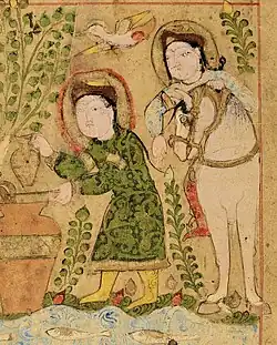 Figures in Turkic dress, with aqbiya turkiyya coat, tiraz armbands, boots and sharbush hat. Kitāb al-Diryāq, Jazira, 1198–1199 CE.[90]