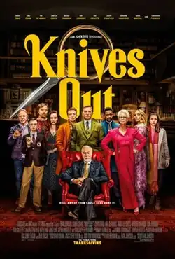 In a library, the characters of the film are standing behind Harlan Thrombey (portrayed by Christopher Plummer), who is seen sitting in a red chair. Behind the film's title, two magnifying glasses appear with a sharp knife attached to it. The film's tagline reads, "Hell, any of them could have done it."
