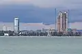 The working site of the Sabah State Administrative Centre (right) in early 2014. On the left is the 32 storey Tun Mustapha Tower, the former tallest building in Sabah.