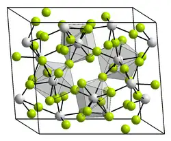 4 unit cells shown of a crystal structure that is skewed (not cubic) and has 8 bonds to a fluiride, for each metal (fluorides are 2 coordinate). Hard to resolve though even if you could see the picture.