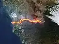 Sentinel-2 photograph of the area covered by the 2021 Cumbre Vieja volcanic eruption flow on Monday afternoon 20 September 2021
