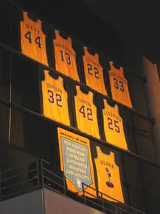A display of yellow basketball jerseys bearing the names and uniform numbers of players
