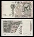 1,000&nbsp;lire – obverse and reverse – printed in 1982
