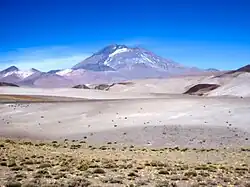 A low cone with a black tongue rises above white, sparsely vegetated terrain
