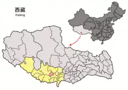 Location of Lhatse County (red) within Xigazê City (yellow) and Tibet