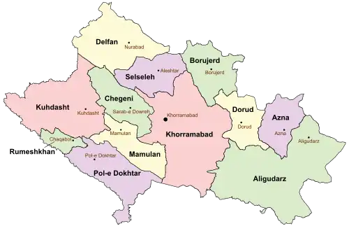 Location of Azna County in Lorestan province (right, purple)