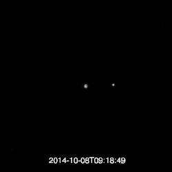Lunar eclipse as viewed from Mercury, captured from the MESSENGER spacecraft. The Moon can be seen falling into the shadow of Earth. This movie was constructed from 31 images taken two minutes apart, from 9:18 UTC to 10:18 UTC.