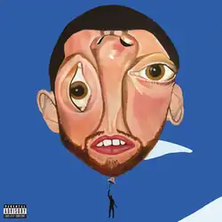 A painted picture of a blue sky. A silhouette of a person hangs onto a large balloon of Mac's head. Some of Mac's facial features are distorted, such as his left ear and nose being upside-down and his eye turned sideways.