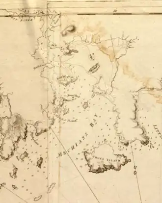 Machias Bay is on the coast of eastern Maine. Machiasport is located near the outlet of the Machias River into the bay. Upriver and north from Machiasport, the river branches, leading left (west) to Machias, and east to East Machias. Holmes Bay is a large bay in the northeastern part of Machias Bay, just east of the mouth of the Machias River.