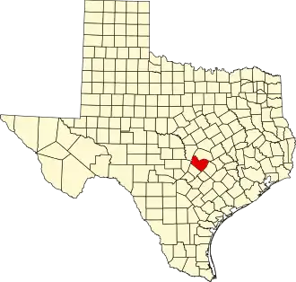 Map of Texas highlighting Travis County