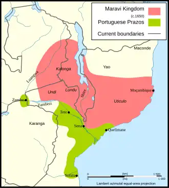 The Maravi Empire at its greatest extent in the 17th century.[a] The state was composed of tributary polities, headed by 'relatives' of the Kalonga.