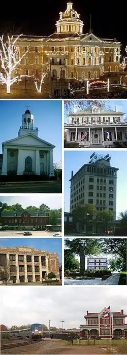 Clockwise: Old Courthouse, Starr Home, Hotel Marshall, ETBU, Depot, Wiley, Ginnocho, First United Methodist