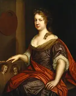 A woman in a purple dress and a red robe looks at the viewer. She is holding a half-finished painting of two children.
