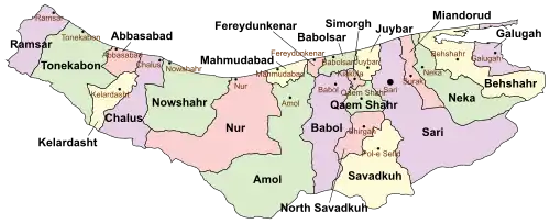 Location of Chalus County in Mazandaran province (center left, purple)