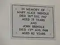 Memorial to Alice Brindle at Unitarian Chapel Rivington