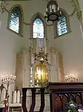 The bimah and ark at the front of the sanctuary
