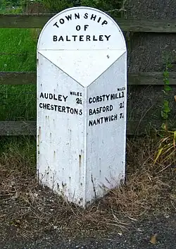 Milestone on B5500, in the township of Balterley, Staffordshire