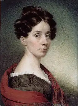 A portrait of a woman with her hair up, looking right