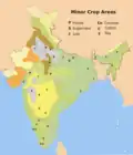 Minor crop areas in India: P pulses, S sugarcane, J jute, Cn coconut, C cotton, and T tea