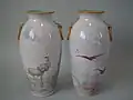Vases, 1869, rare combination of fine-painted tin-glaze and coloured glazes handles, rim and interior