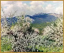 Mount Monadnock as painted by Richard Whitney in the painting Monadnock Orchard
