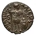 Reverse of a nummi with the legends: DN ATHAL/ARICV. It show Athalaric as a warrior holding a spear and shield.[9][7]: 98 