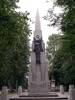 Monument with the Columns of Gediminas, dedicated to the 10th anniversary of Independence of Lithuania in Plungė.