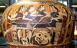 Thetis and the Nereids mourning Achilles, Corinthian black-figure hydria, c. 555 BCE (Louvre, Paris)