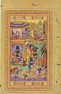 Akbar presenting a painting to his father Humayun by Abd al-Samad, Folio from the Golshan Album. Probably Kabul, 1550–1556. Golestan Palace Library.