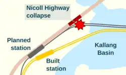 A map depicting the incident site near Nicoll Highway marked along the old alignment (in grey) leading to the original station site. The map also depicts the current alignment (in orange), with the relocated station site south of its original site