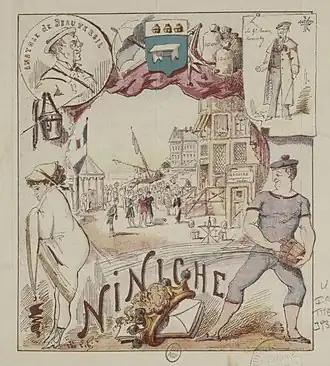coloured pencil sketches of scenes from a stage production, with coy-looking young woman, left, and whimsical-looking sailor, right