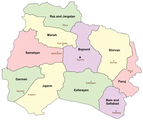 Location of Shirvan County in North Khorasan province (right, yellow)