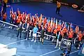 Novak Djokovic, Andy Murray and Jake Garner wait during the presentation after the 2015 Australian Open final