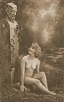 Postcard, Seated woman with a herma, 1920s