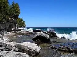 Waves crashing on a rocky shore with deep green forest rising on the left