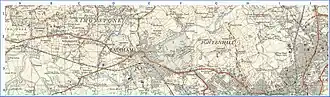 3: Extract from OS 1-25,000 scale maps SD73 (west section pub 1955) and SD83 (east section published 1954) showing historical locations around Padiham. Grid lines are 1&nbsp;km.
