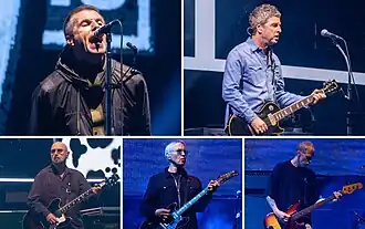Oasis performing onstage, singing into microphones