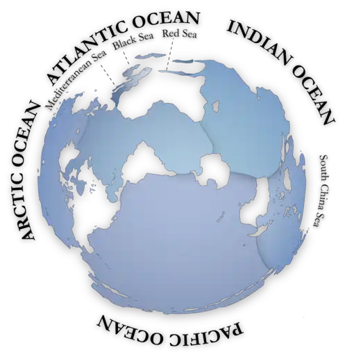 Image 47Oceans cover almost three quarters (71%) of the surface of the Earth, and nearly half of the world's marine waters are over 3000 m deep. This global, interconnected body of salt water, called the World Ocean, is divided by the continents and archipelagos into the following five bodies, from the largest to the smallest: the Pacific Ocean, the Atlantic Ocean, the Indian Ocean, the Southern Ocean, and the Arctic Ocean. Official boundaries are defined by the International Hydrographic Organization. (Credit: Alexandre Van de Sande.) (from Portal:Earth sciences/Selected pictures)