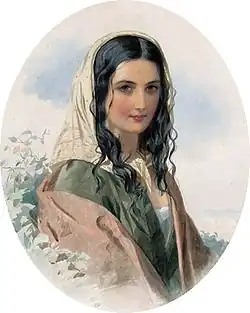 Portrait of a gypsy woman, watercolour on paper, 31 x 25&nbsp;cm, oval format
