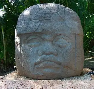 Monument 1, one of the four Olmec colossal heads at La Venta. This one is nearly 3 metres (9&nbsp;ft) tall.